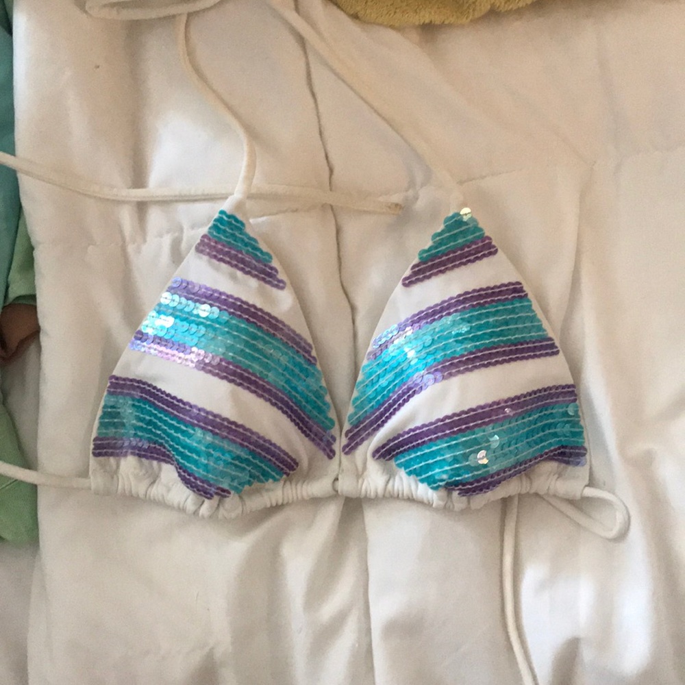 teal white and purple sequin bikini top